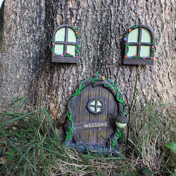 Miniature Gnome Fe Hjem Vindue og Dør til Træer, Glød i Mørket Have Kunst Have Skulptur Plæne Ornament Dekoration