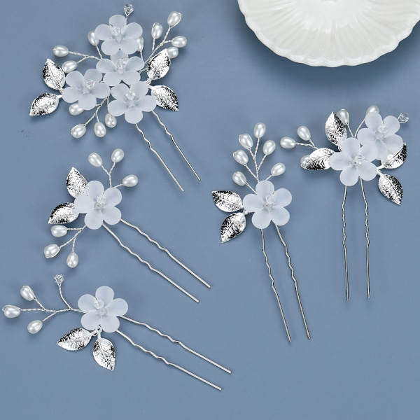 5 st bröllop brud hårnål clips, strass hårklämmor U-formade hårnålar (vit)