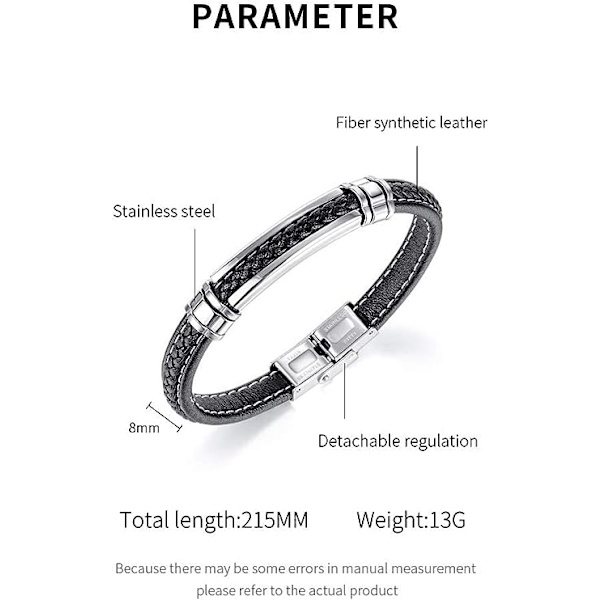 Herr svart läderarmband för tonårspojkar silver rostfritt stål