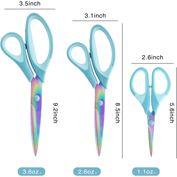 Håndverkssakser, skarpe titansaks i rustfritt stål, mykt gummigrep, allsidig sakssett for stoff, perfekt for kontor, søm, kunst, skole og husholdningsartikler, 1 sett med 3, blå