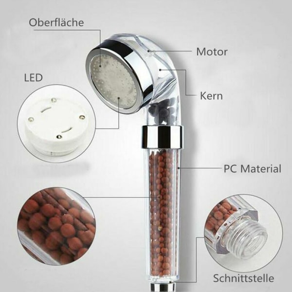 LED-dusjhode med filter, belysning, hånddusj med 7 farger