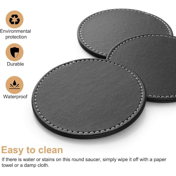 Sæt med 5 runde coasters i kunstlæder med holder, sort