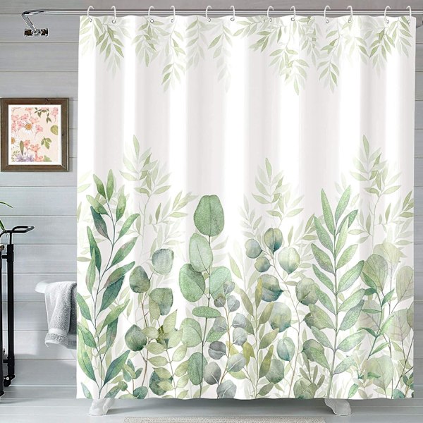 Grön och vit duschdraperi, tyg duschdraperier för badrum, växtblad duschdraperi set med 12 krokar 72''×72'' (Grön)