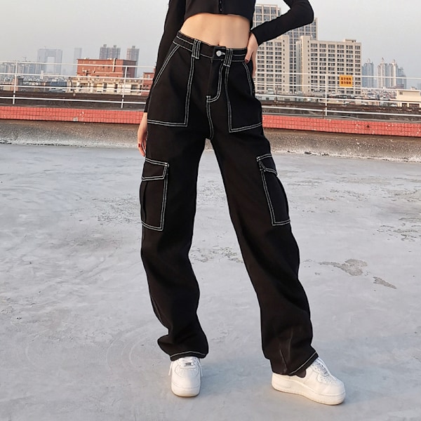 Fickor Patchwork Baggy Jeans Fashion Streetwear 100% Bomull Kvinnor Denim Byxa Lös