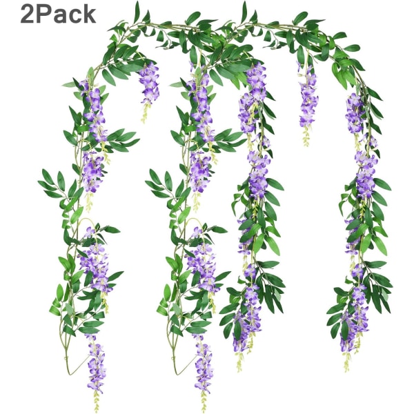 2 stk. 6Ft/stk. Kunstige Blomster Silke Wisteria Girlande Kunstige Wisteria Vin Hængende Grønt Blomster Girlande til Hjem Have Udendørs Bryllupsbue Blomster Dekoration (Lilla)