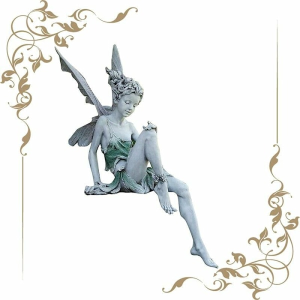Hagesittende fe-statue Tudor og Turek Sittende fe-statue Harpikshåndverk Landskap Hagedekorasjon Fe-statue Hjemmekontorgave (Hvit)