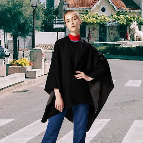 Dame Poncho Åben Front Cardigan Vinter Vendbar Kappe Oversized Trykt Kappe Tartan Strikket Tartan Tæppe Bohemian Geometrisk Mønster Sjal (Sort