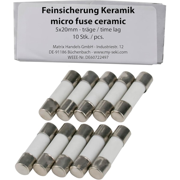 Pakke med 10 12A Keramiske Sikringer, 5 x 20mm, Glassikringer, Slanke Sikringer 250V