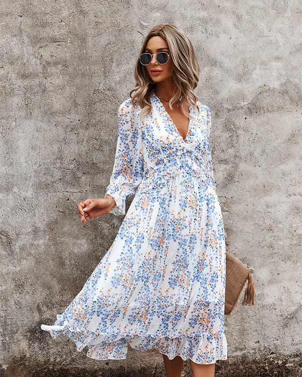 Kvinnors casual blommiga tryck långärmad flytande swing boho klänning-M