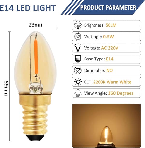 C7 LED-stearinlys pære E14, 0,5w svarende til 5w, ravfarvet LED-glødetrådspære E14 Ca