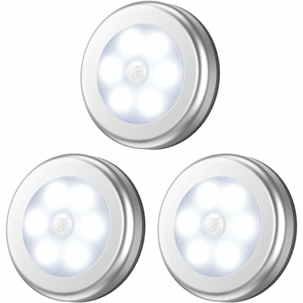 Sporlys med bevegelsessensor, LED-skaplys, trappelys, skaplys, batteridrevet, for trapper, skap, klesskap, enkel installasjon - 3-pakning, sølv