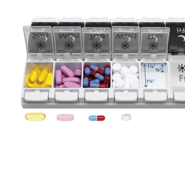 Pillerhållare 2 gånger om dagen, veckopillerhållare 7 dagar AM PM med stora fack, pillerhållare och trycköppning för mediciner, vitaminer