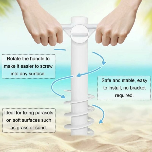 Skru inn parasollstativ for strand, med to kroker, parasollfot, spiral parasollholder, for hagebalkong, strand, for stang 20-35 mm (hvit)