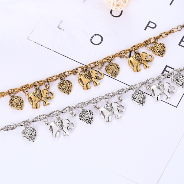 Muodi Retro Kaiverrettu Elefantti Sydänrannekoru Anklet Kaksi Käyttöä, setti