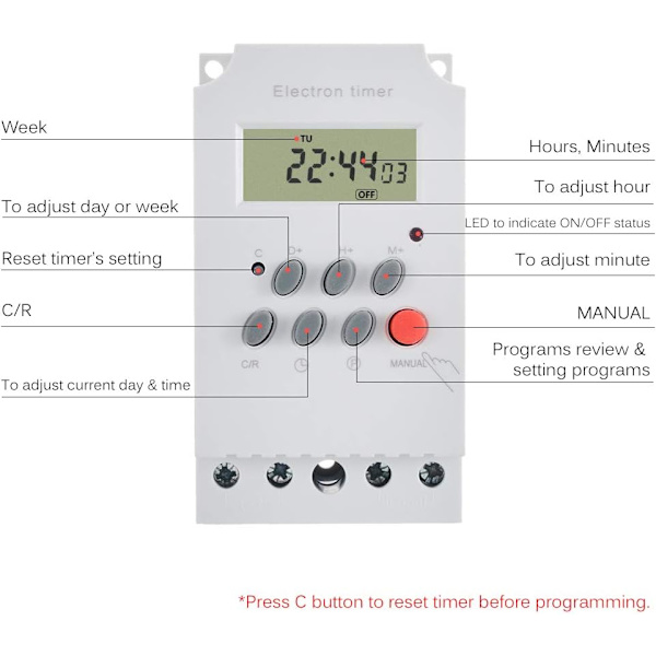 Digital Programmerbar Timer för DIN-skena, AC 220V 25A, med LCD-display