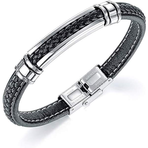 Herr svart läderarmband för tonårspojkar silver rostfritt stål