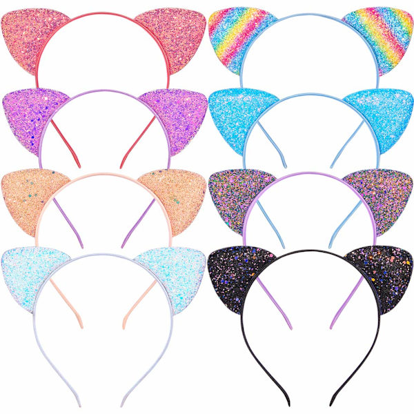 Glitter Cat Ears Hodebånd 8 stk. Kitty Hodebånd for Jenter og Kvinner