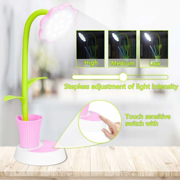 Barnebordlampe, LED-bordlampe, berøringssensor nattbordslampe, øyeleselampe med penneholder, USB-oppladbar barnebordslampe (rosa)