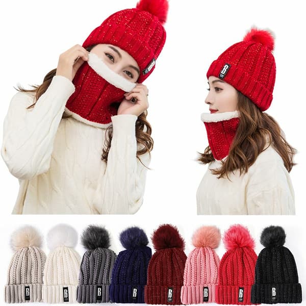 Dam Beanie Mössa Pom Pom Halsduk Set Stickad Vinter Varma Snö Skidmössa