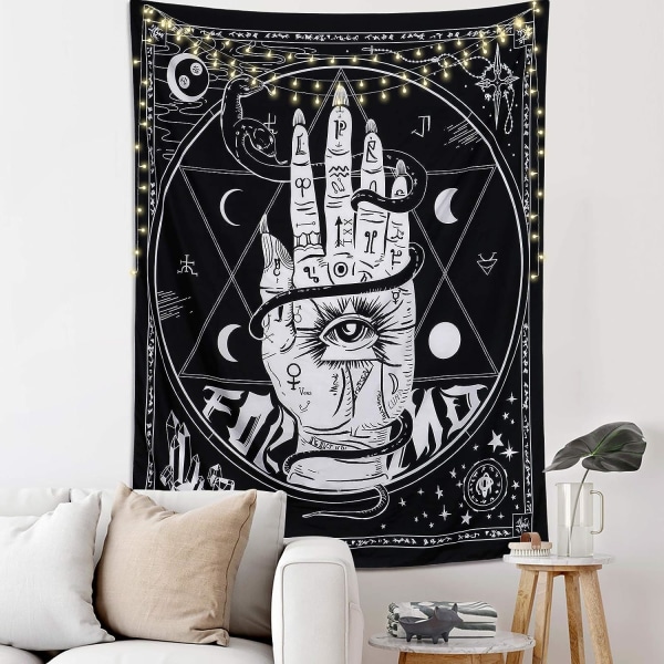 Tarot Veggteppe Stjerne Måne Veggteppe Astrologi Hånd Øye Svart og Hvit Tepper Veggteppe(Hånd, M / 200x150cm)