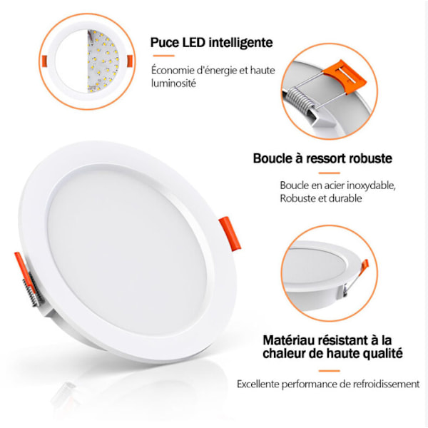 Sæt med 6 Indbyggede LED Spots, 6W 500Lumen Svarer til 50W Glødepære, 3000K Hvid Ekstra Flad LED Spot til Badeværelse Køkken Stue H