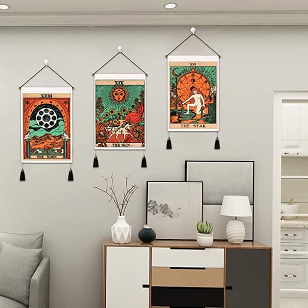 Set av 3 Tarot-vävnader - Stjärnans och solens måne - Medeltida väggvävnad - Mystisk väggdekor för sovrum