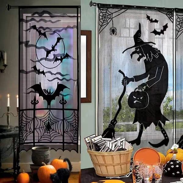 Halloween Dørgardin Kranie Bat Edderkop Web Sort Blonder Dørgardin