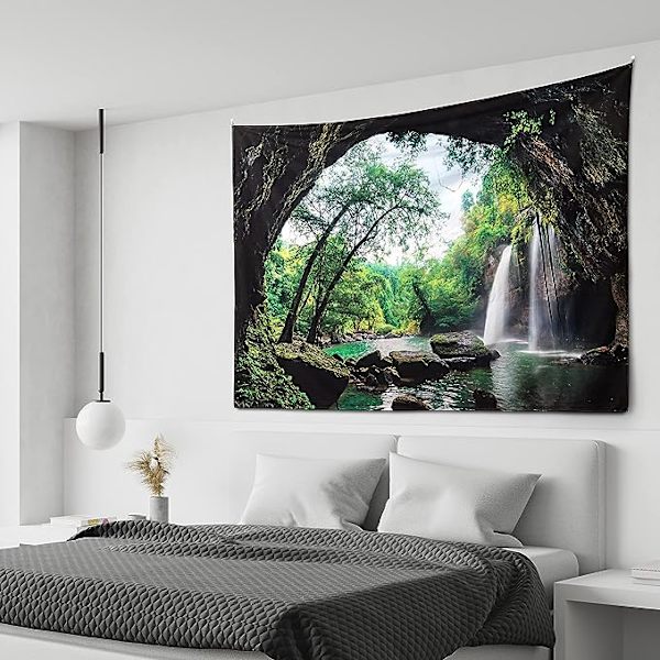 Ekstra stor skog veggteppe 250 x 180cm huleutsikt med vann