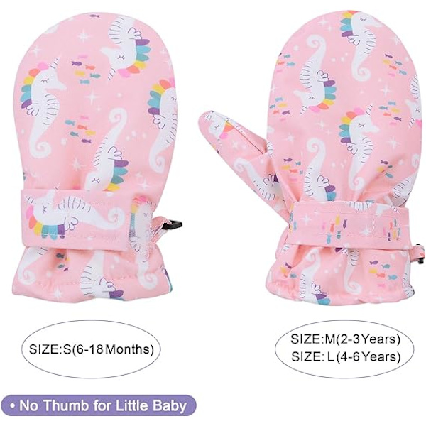 Fôrede ullvotter for småbarn Vinterhansker for barn Skihansker for barn Vanntett snøhanske for baby Gutter Jenter, Sjøhest rosa, M (anbefalt for 2-4 år) Fingre