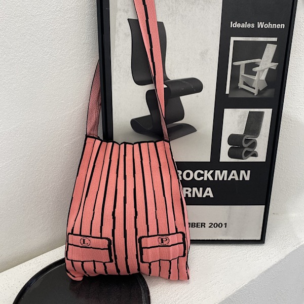 Japansk stickad plisserad dam Tote Bag axelväska randig hopfällbar crossbody väska