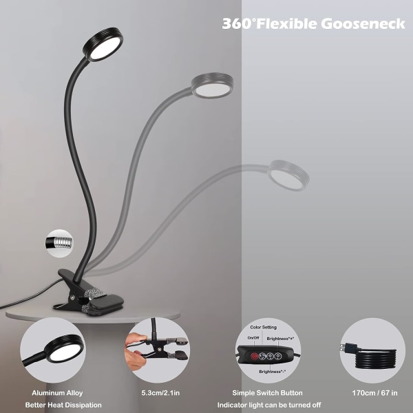Klips-lys LED-skrivebordslampe klemme lesebord seng med adapter Bri