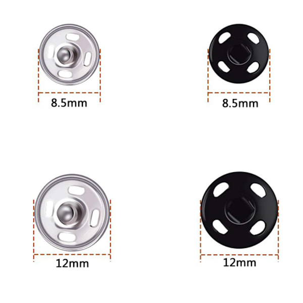 Ompelunapit, 40 sarjaa 8,5 mm ja 10 mm, musta ja hopea, ommeltava napituspainike