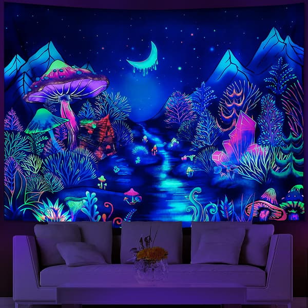 Blacklight Forêt Arbres Gobelin UV Reagerende Sopp Gobelin