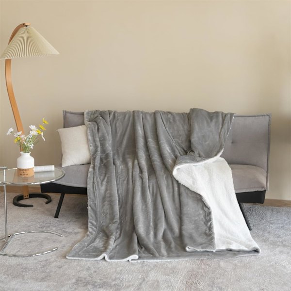 Grå Fleece Tæppe - Sherpa Tæppe - til Sofa - Varm - til Vinter (Grå, 70x100cm)