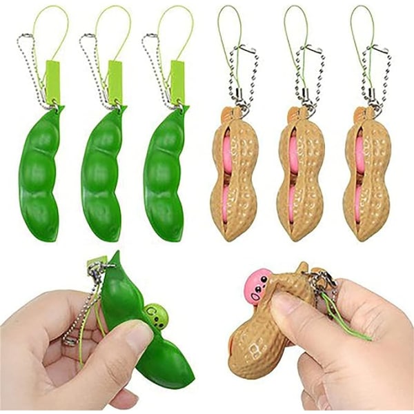 8 stk morsomme ansiktsuttrykk Squeeze Bean Fidget Toy, gave til barn og voksne for å frigjøre stress og angst, Pea Soybean Stress Relief Keychain Pendants (4 nøtter, 4 bønner)