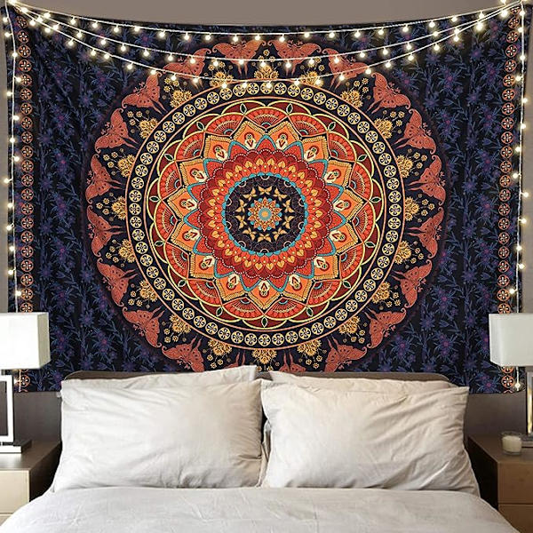 Boho Mandala -seinävaate, esteettinen, hippityylinen seinävaate, vintage-seinätaide, kodin sisustus makuuhuoneeseen, olohuoneeseen (punainen) 100x75 cm