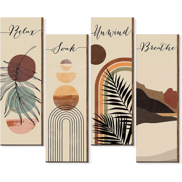 Abstrakt Boho badeværelsesvægkunst i træ, vægmaleri i midten af århundredet, minimalistisk botanisk (11 x 3,5 tommer, Boho botanisk)
