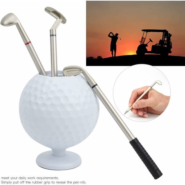 Golf pennholder, tre golfklubbeformede kulepenner med golf