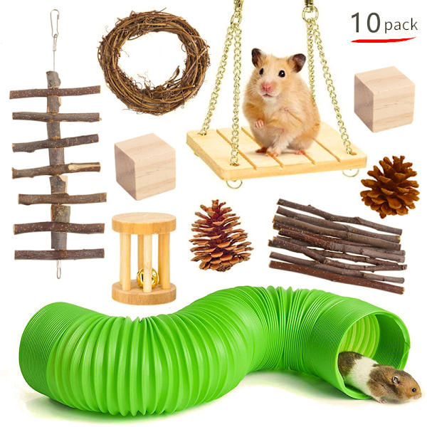Hamster tuggleksaker, husdjur naturliga trä 10 st hantlar träningsklocka rulle tunnelrör Ect.tänder vård molarleksak för papegoja syrisk hamster gerbil