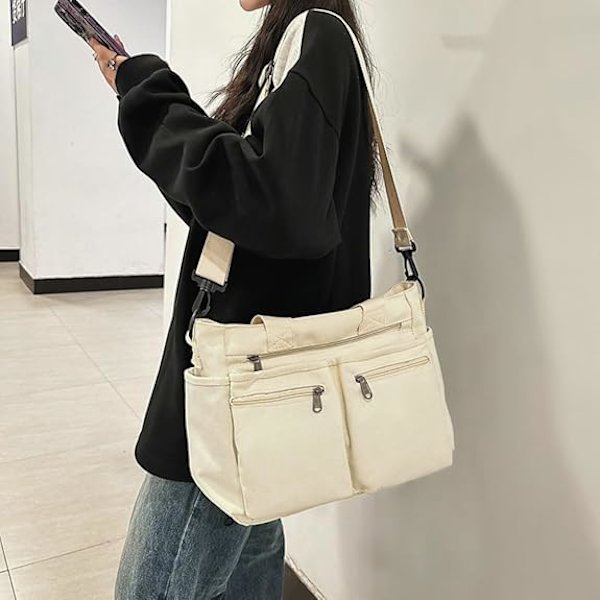 Naisten suurikokoinen kangaskassi, jossa on taskut, crossbody-laukku urheiluun (valkoinen)