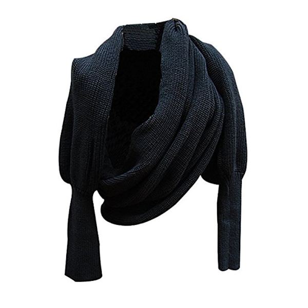 Efterårs-Vinter Solid Farvet Strikket Sjal med Ærmer til Kvinder Piger (Sort, 220*40cm)
