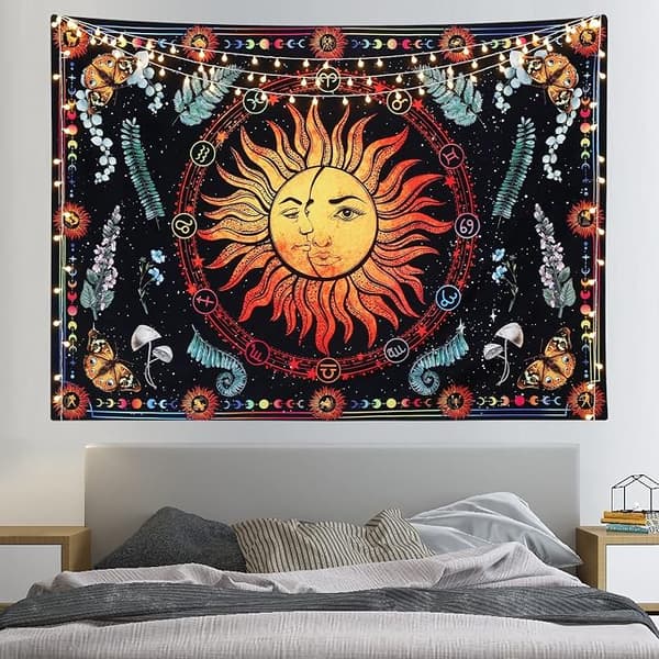 Gul sol og måne veggteppe Constellation Tarot Tap