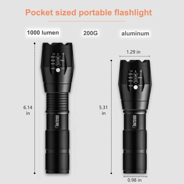 USB-oppladbar bærbar 1000 lumen taktisk LED-lommelykt. Størrelsen på en lomme med gaver til barn.