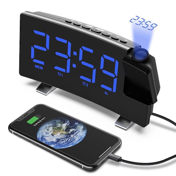 Vækkeur Radio til Soveværelse, Projektionsvækkeur med FM-radio, USB-oplader, Dobbelt Alarm, Snooze, Sleep Timer, 12/24H, Tydeligt Digitalt Ur