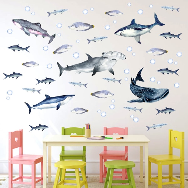2 kpl Suuret akvarellihait seinätarrat Ocean Animal Peel and Stick Wall St