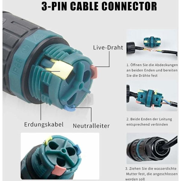 2 Pack 3 Pin IP68 Waterproof Cable Connector for 9-12mm Wire Diameter Earth Cabl