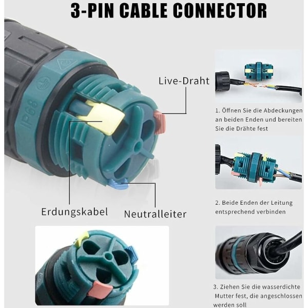 2 pakke 3 pins IP68 vanntett kabelkontakt for 9-12 mm ledningsdiameter jordkabel