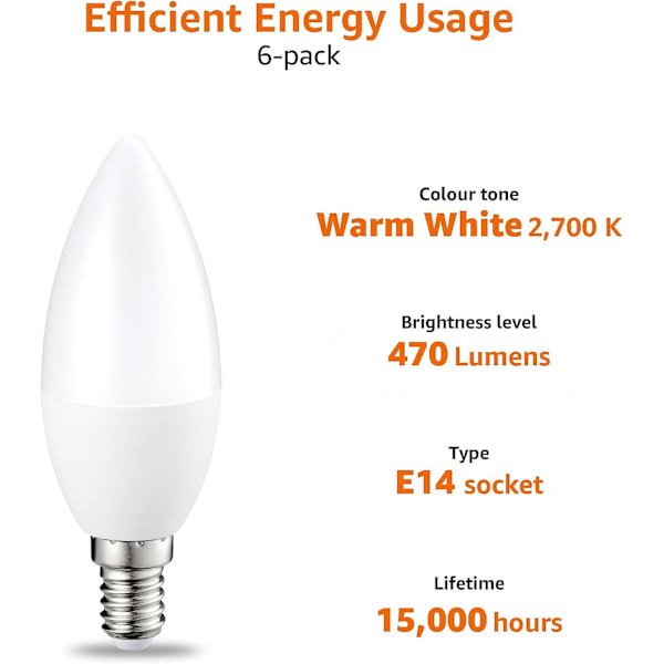 Set med 6 små LED-lampor i form av en låga, Edison skruvbas E14 5w (40w ekvivalent