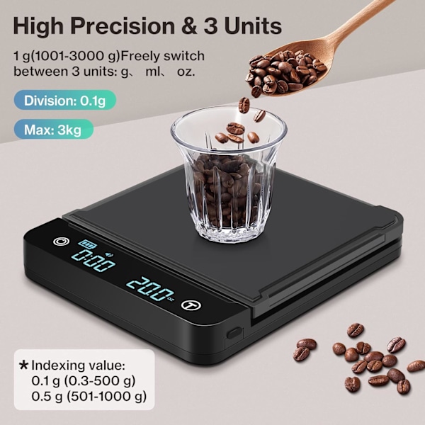 Præcisions Digital Kaffevægt 0,1g/3kg, Genopladelig Køkkenvægt med Timer, LED-Display og Tarafunktion, Elektronisk Touch-Vægt med Silikon M