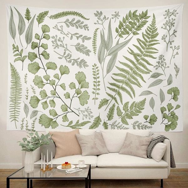 Botanisk polyestervävnad gobeläng blommig grön vit vårvägg